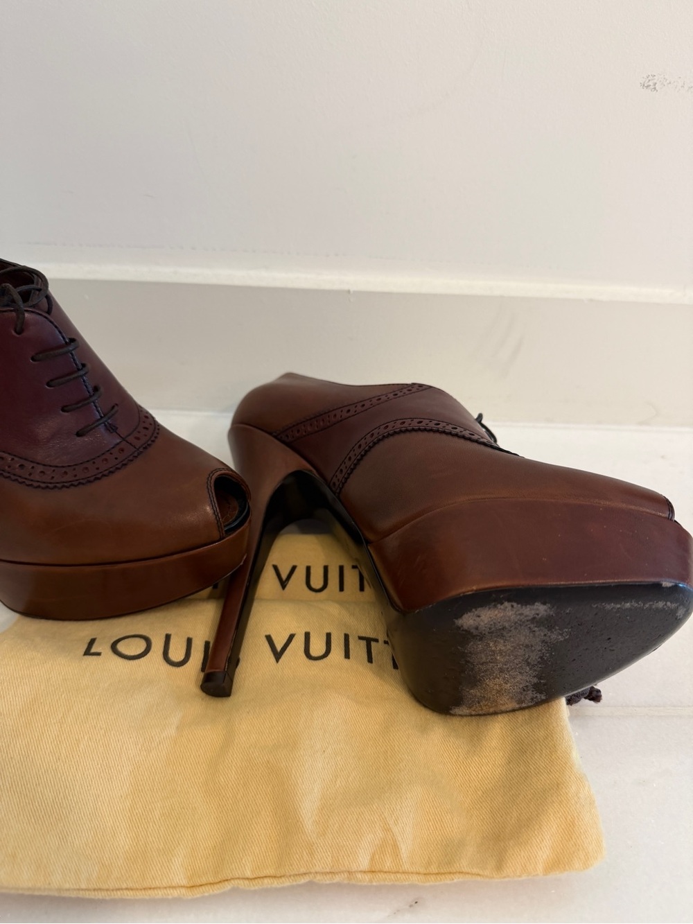 Louis Vuitton Brown Leather Peep-Toe Lace-Up Pumps - Picture 10 of 11